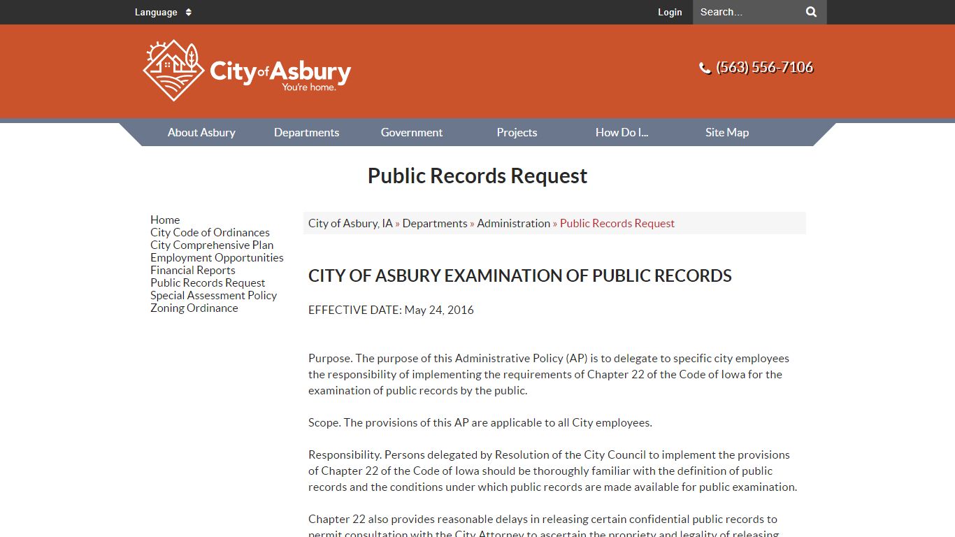 Public Records Request - City of Asbury, IA